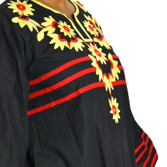 Egyptian Embroidered Caftan Dress Black Long Sleeve Cover Up Tunic Floral Large - Picture 10 of 15